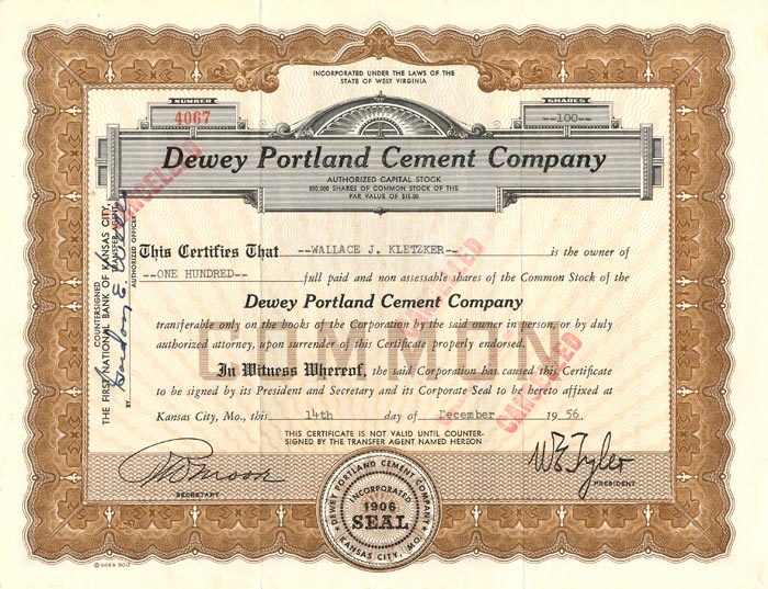 Dewey Portland Cement Co. - Stock Certificate